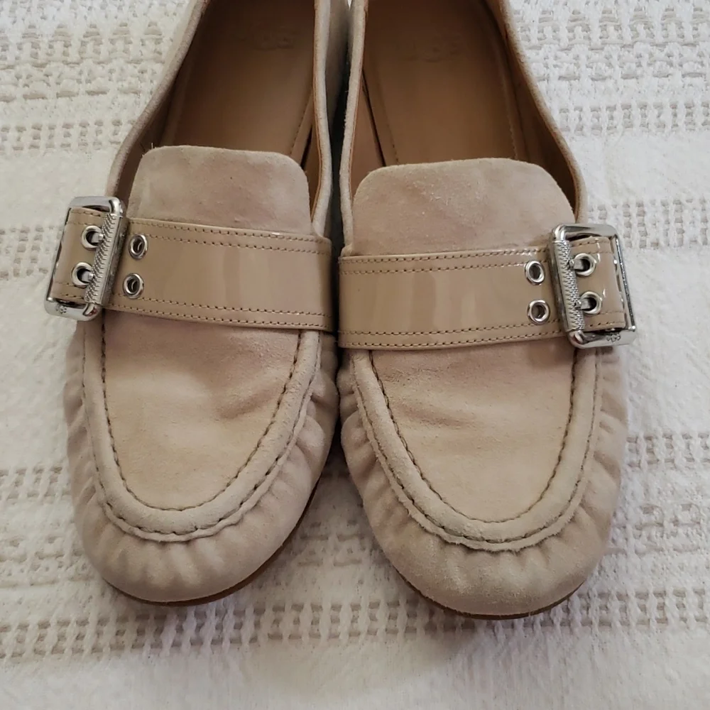 UGG suede beige loafer, slip on, silver buckle, flats,  women's size 7.